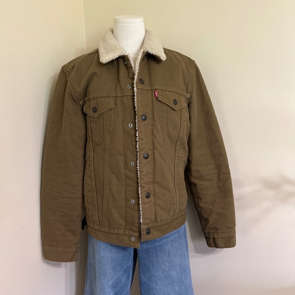 Levis Sherpa Lined Trucker Jacket Brown Canvas Faux Fur Collar Womens Small